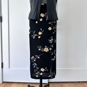 Vintage 90s Black Floral Midi Skirt Yellow Petite Size 12 Elastic Waist Dunner